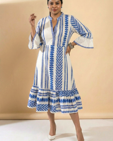 Quirky Tales Long Sleeve Ruffle Trim White-Blue Dress