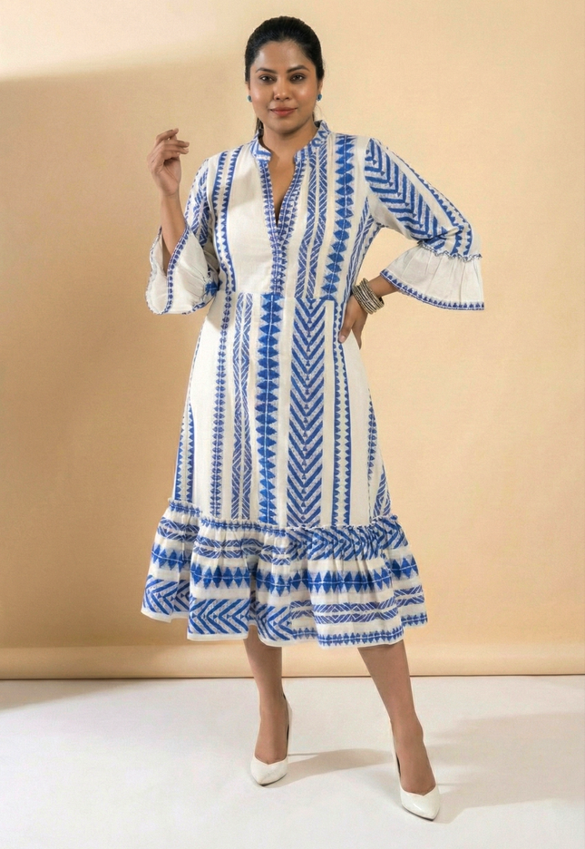 Quirky Tales Long Sleeve Ruffle Trim White-Blue Dress