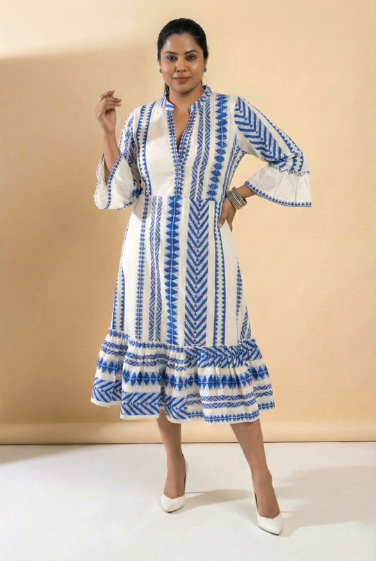 Quirky Tales Long Sleeve Ruffle Trim White-Blue Dress