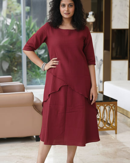 Mellow Maharani Overlap Cotton Maroon Midi Dress