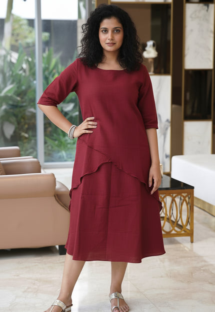Mellow Maharani Overlap Cotton Maroon Midi Dress