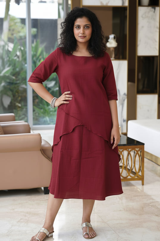 Mellow Maharani Overlap Cotton Maroon Midi Dress