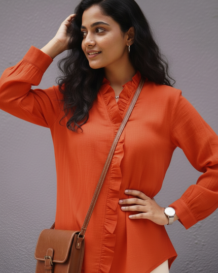 Blushfire Seersucker Ruffle Cotton Shirt