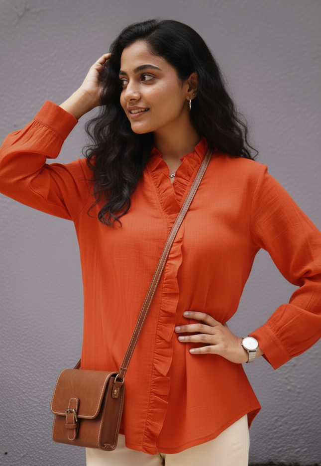 Blushfire Seersucker Ruffle Cotton Shirt