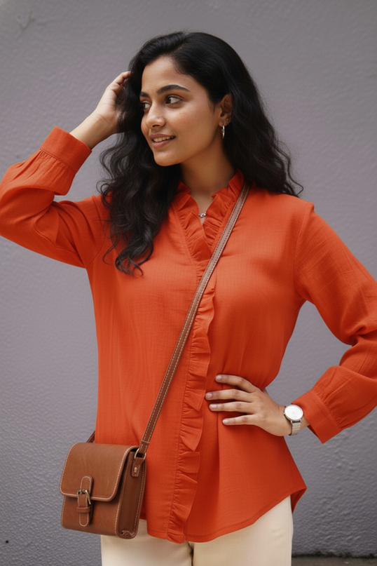 Blushfire Seersucker Ruffle Cotton Shirt