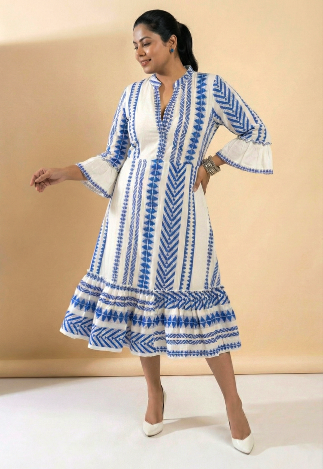 Quirky Tales Long Sleeve Ruffle Trim White-Blue Dress