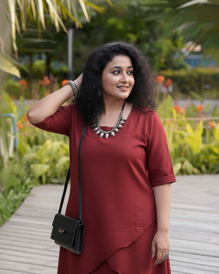 Mellow Maharani Overlap Cotton Maroon Midi Dress