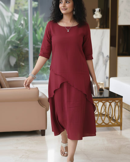 Mellow Maharani Overlap Cotton Maroon Midi Dress