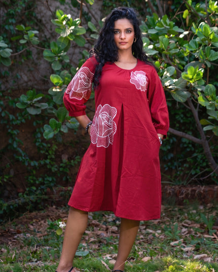 Bohemian Noir Cherry Midi with Artistic Blooming Rose