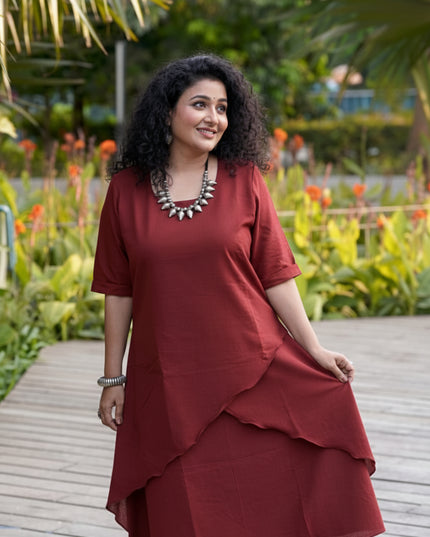 Mellow Maharani Overlap Cotton Maroon Midi Dress