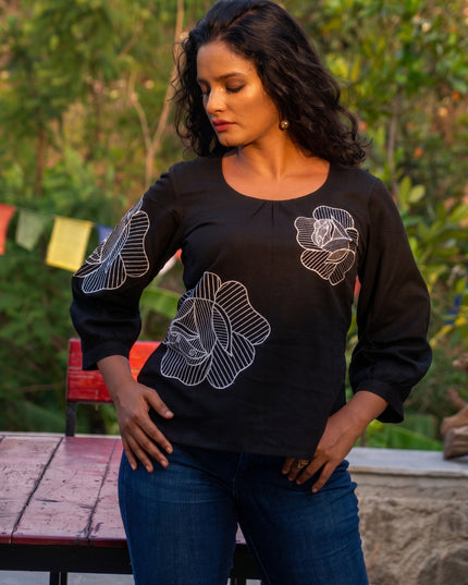 Blooming Rose Embroidery Black Cotton Top