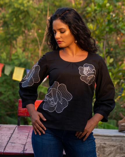 Blooming Rose Embroidery Black Cotton Top
