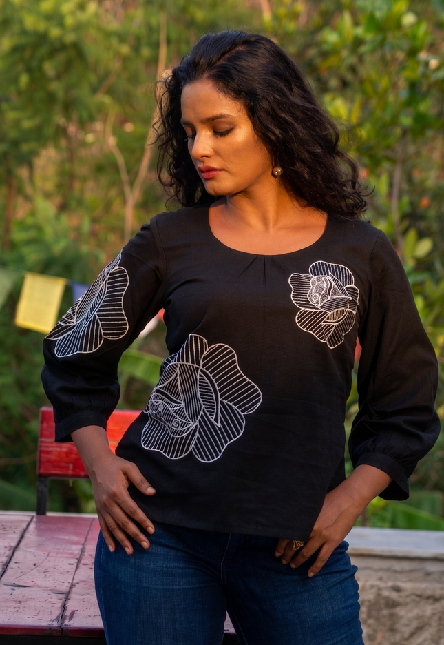 Blooming Rose Embroidery Black Cotton Top