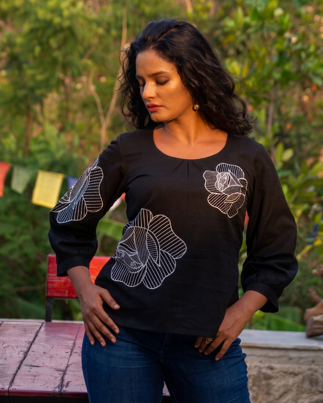 Blooming Rose Embroidery Black Cotton Top