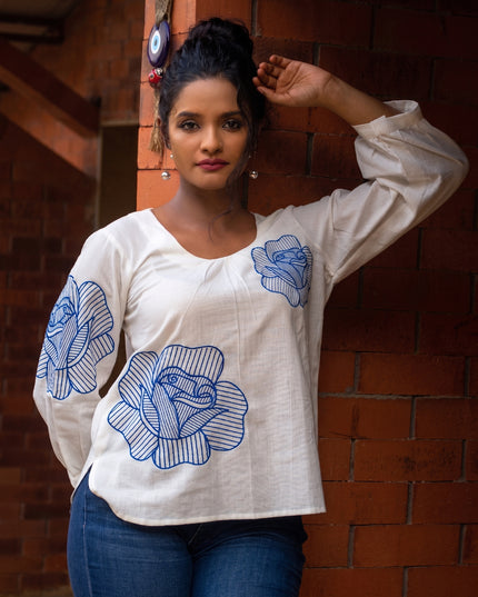 Blooming Rose Embroidery White Cotton Top