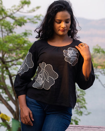 Blooming Rose Embroidery Black Cotton Top