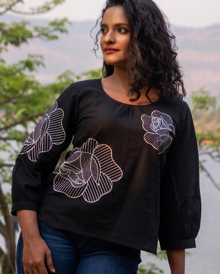 Blooming Rose Embroidery Black Cotton Top