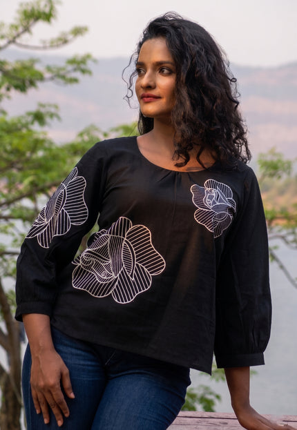Blooming Rose Embroidery Black Cotton Top
