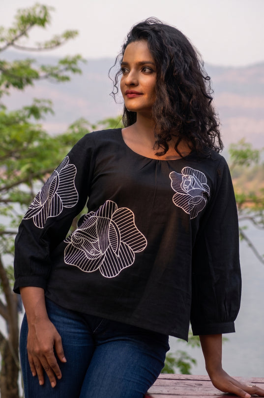 Blooming Rose Embroidery Black Cotton Top