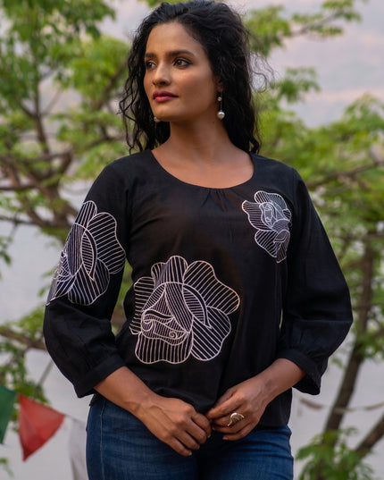 Blooming Rose Embroidery Black Cotton Top