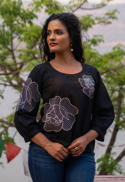 Blooming Rose Embroidery Black Cotton Top