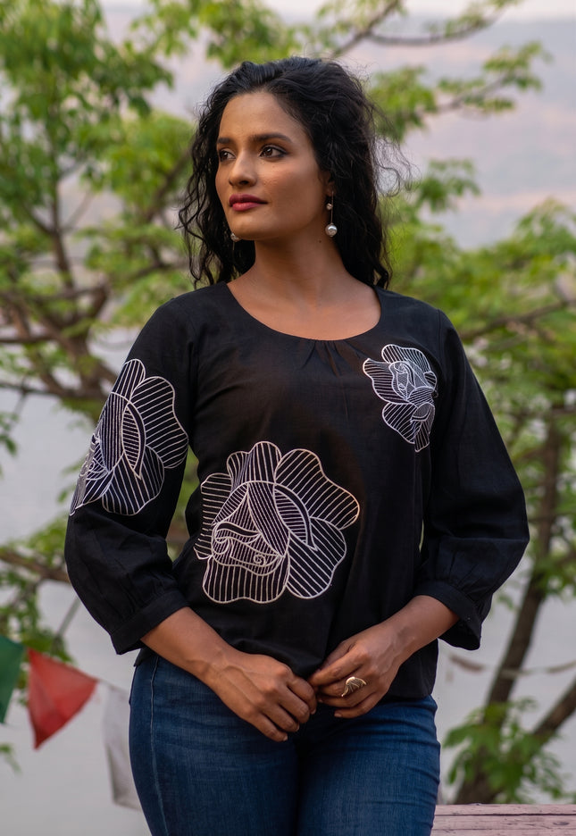 Blooming Rose Embroidery Black Cotton Top