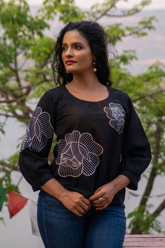 Blooming Rose Embroidery Black Cotton Top