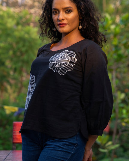 Blooming Rose Embroidery Black Cotton Top