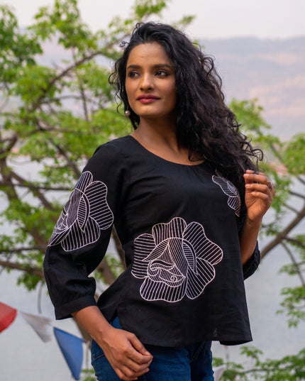 Blooming Rose Embroidery Black Cotton Top