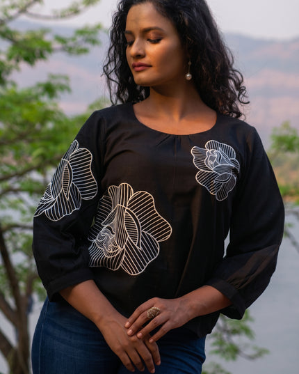Blooming Rose Embroidery Black Cotton Top