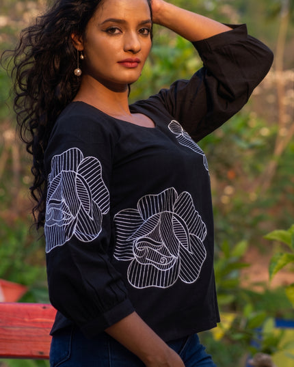 Blooming Rose Embroidery Black Cotton Top