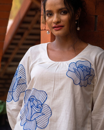 Blooming Rose Embroidery White Cotton Top