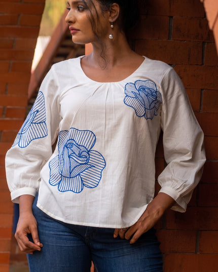 Blooming Rose Embroidery White Cotton Top