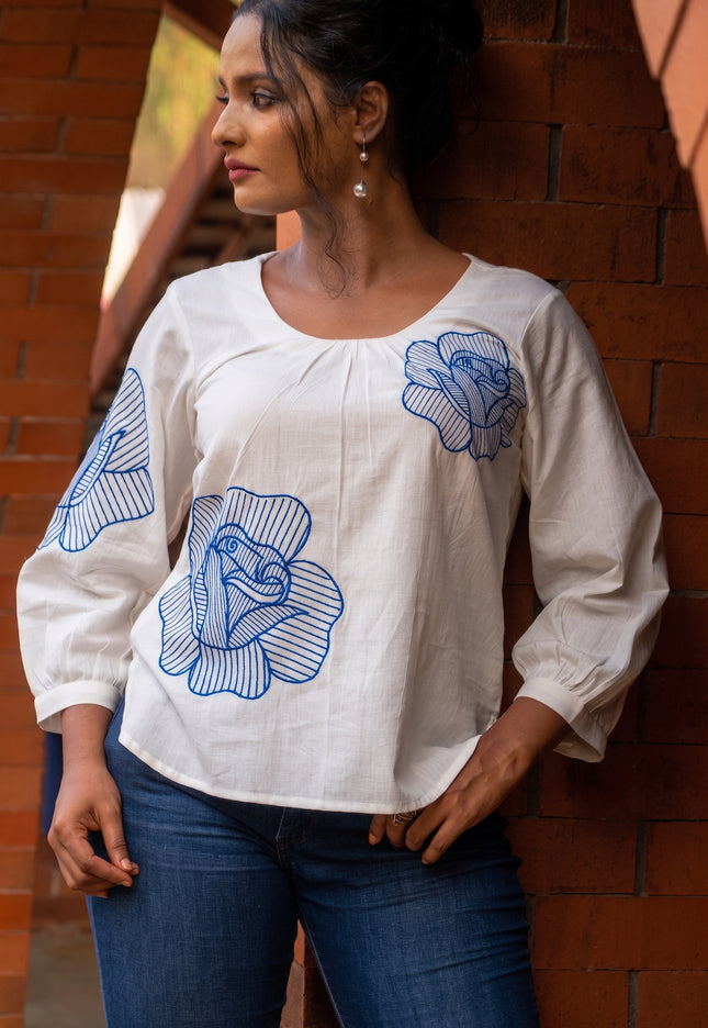 Blooming Rose Embroidery White Cotton Top