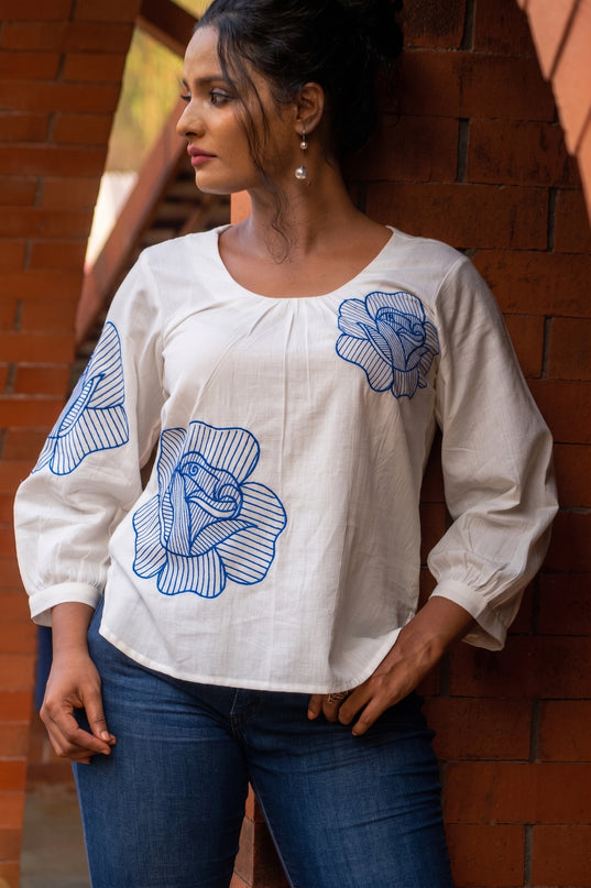 Blooming Rose Embroidery White Cotton Top