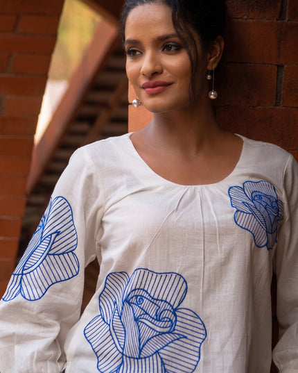 Blooming Rose Embroidery White Cotton Top