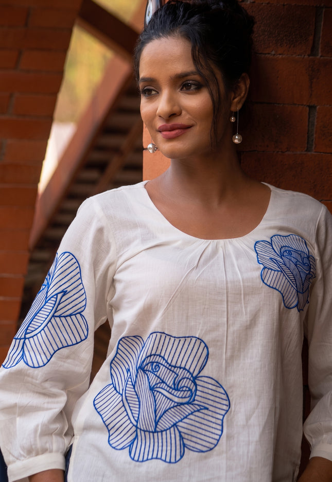 Blooming Rose Embroidery White Cotton Top