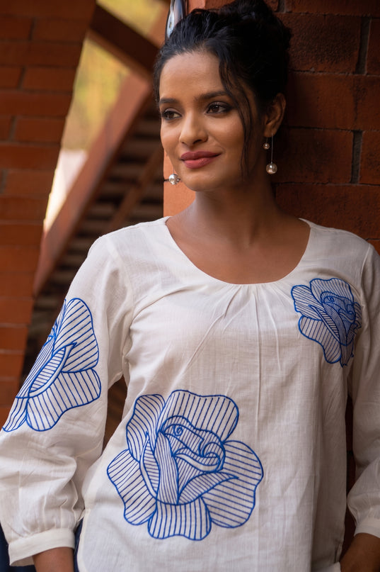 Blooming Rose Embroidery White Cotton Top