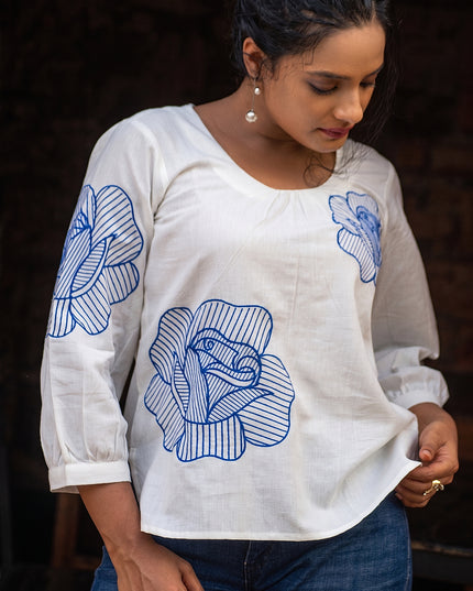 Blooming Rose Embroidery White Cotton Top