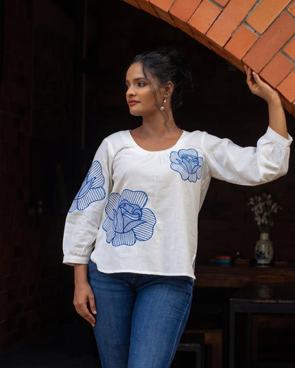 Blooming Rose Embroidery White Cotton Top