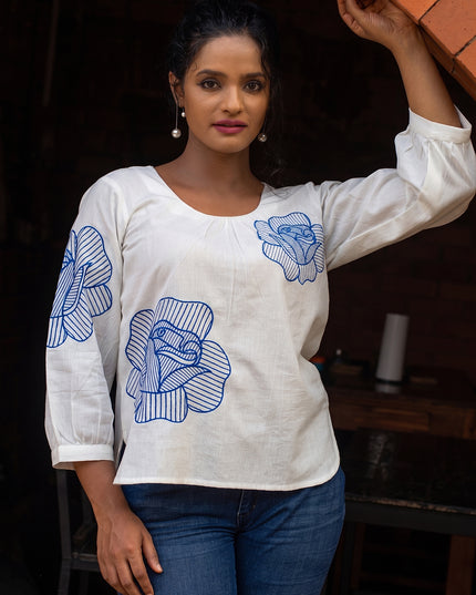 Blooming Rose Embroidery White Cotton Top