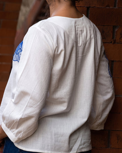 Blooming Rose Embroidery White Cotton Top