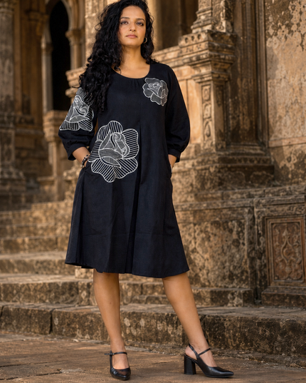Bohemian Noir Black Midi with Artistic Blooming Rose