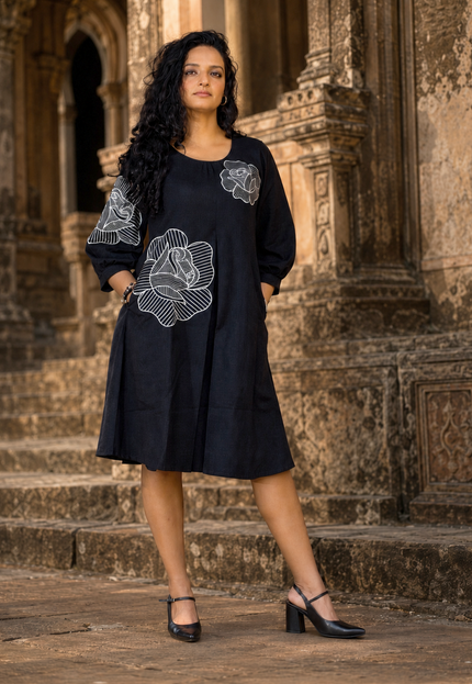 Bohemian Noir Black Midi with Artistic Blooming Rose