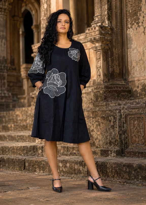 Bohemian Noir Black Midi with Artistic Blooming Rose