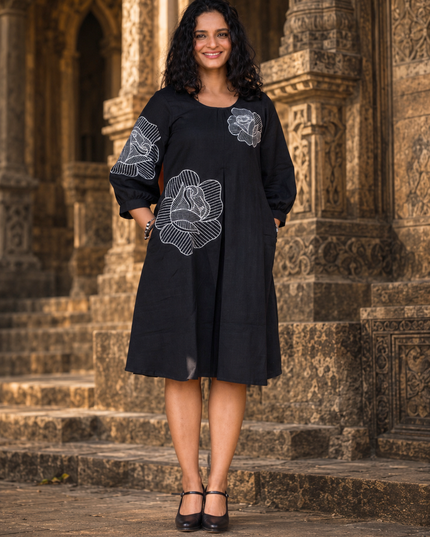 Bohemian Noir Black Midi with Artistic Blooming Rose