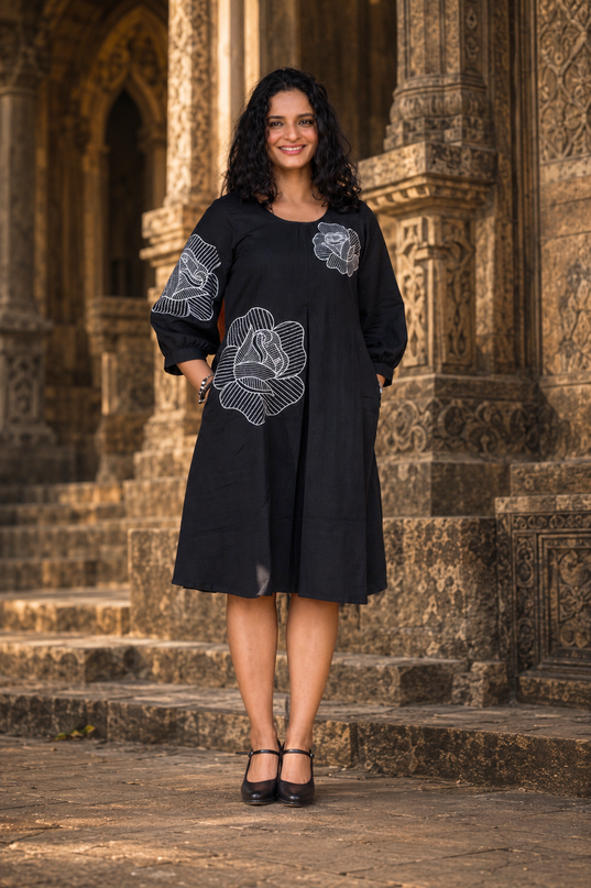 Bohemian Noir Black Midi with Artistic Blooming Rose
