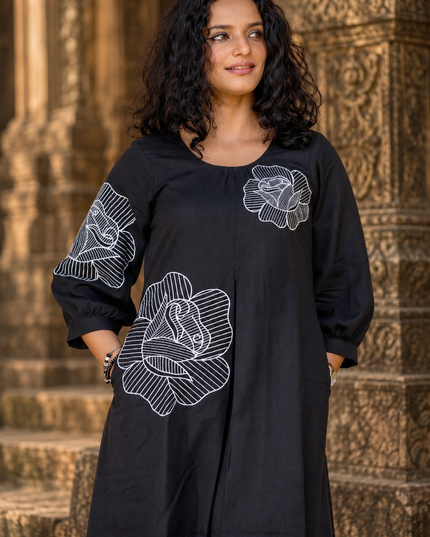 Bohemian Noir Black Midi with Artistic Blooming Rose