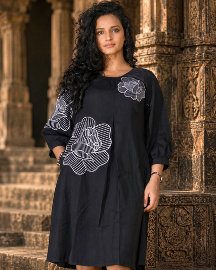 Bohemian Noir Black Midi with Artistic Blooming Rose