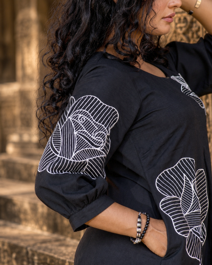 Bohemian Noir Black Midi with Artistic Blooming Rose